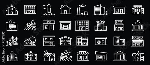 Building web icons in line style. Hotel, hospital, apartament, city, town house, mall, coffee, collection. Editable stroke. Vector illustration.