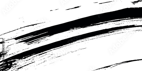 Black ink brush stroke on white background, abstract minimalist calligraphy texture features authentic dry brush edges and splatters.