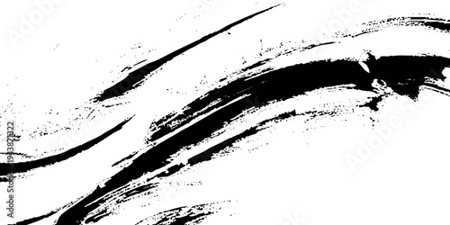 Black ink brush stroke on white background, abstract minimalist calligraphy texture features authentic dry brush edges and splatters.