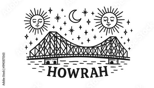 A black and white illustration of Howrah bridge under celestial bodies