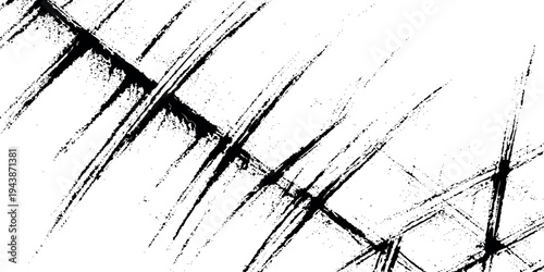 A dynamic black and white abstract composition featuring aggressive diagonal cross sketch lines on white background.