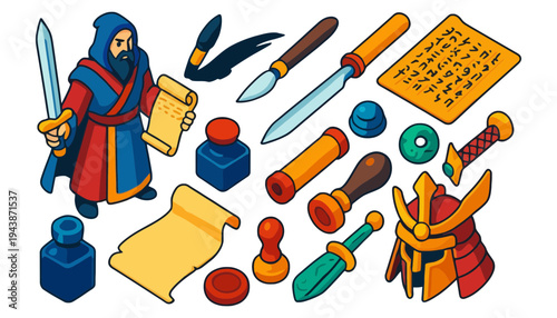 Medieval scribe vector illustration with various writing tools and armor