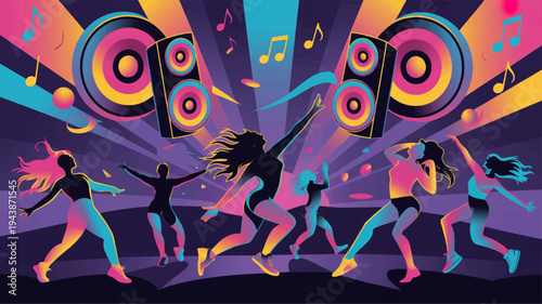 People dancing at a vibrant party with colorful speakers and music notes energetic nightlife scene with joyful crowd