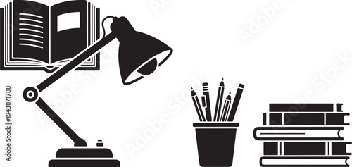 Study desk with lamp books and stationery supplies