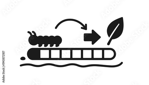 A caterpillar icon transforming into a leaf on a capsule vector illustration