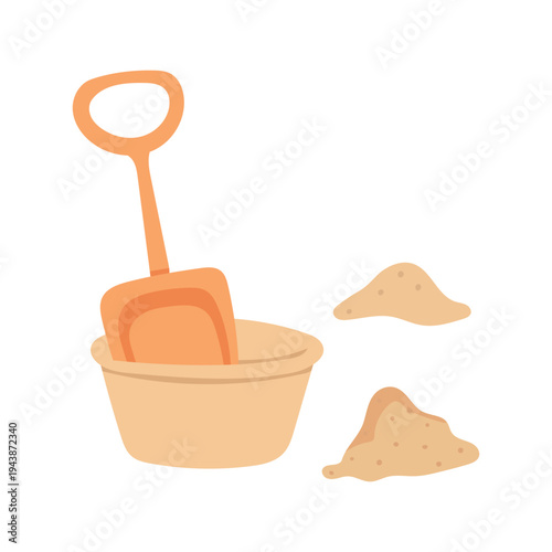 Beach bucket and shovel with sand illustration, playful seaside toy graphic for summer vacation articles, children beach activity blogs and family holiday travel content.