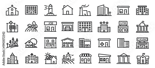 Building web icons in line style. Hotel, hospital, apartament, city, town house, mall, coffee, collection. Editable stroke. Vector illustration.