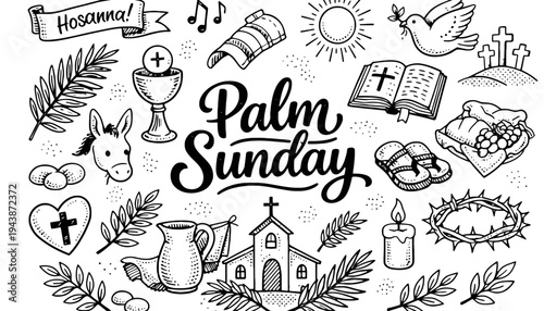 Palm Sunday illustration with various Christian symbols and icons