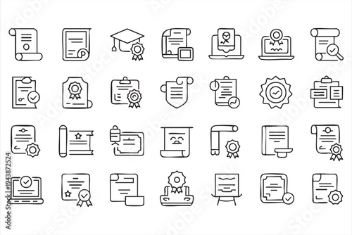 Official Certificate And Document Line Icons With Diploma Awards Verification And Paperwork