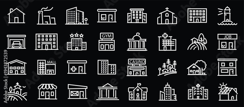 Building web icons in line style. Hotel, hospital, apartament, city, town house, mall, coffee, collection. Editable stroke. Vector illustration.