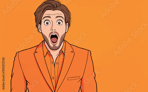 A man in an orange suit looks shocked with his mouth open against a plain orange background.