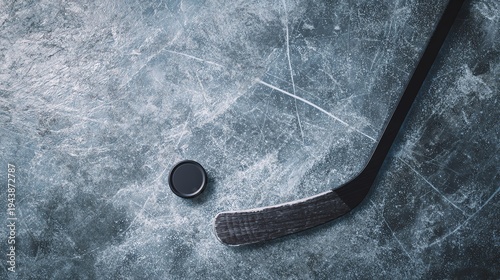 Hockey puck and stick on ice surface.