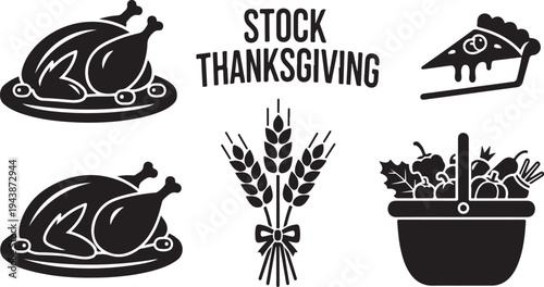 Black and white Thanksgiving icons and symbols set collection