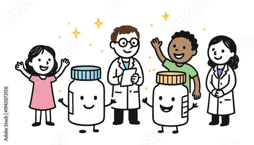 A cartoon illustration of smiling medicine bottles with happy children and doctors