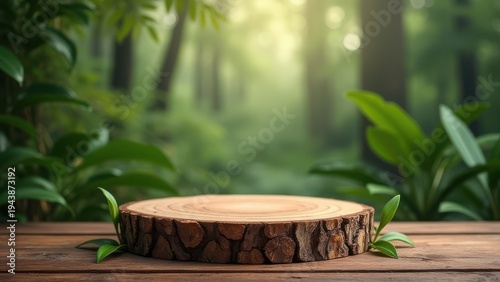 wood tabletop podium in tropical forest natural product display pedestal background