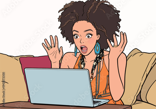 A woman sits on a couch, looking shocked while using her laptop. She raises her hands in surprise at something on the screen.
