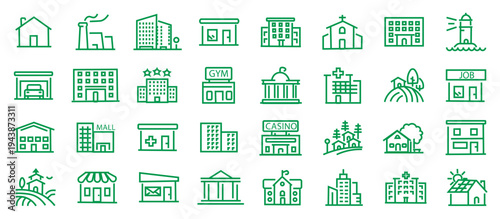 Building web icons in line style. Hotel, hospital, apartament, city, town house, mall, coffee, collection. Editable stroke. Vector illustration.