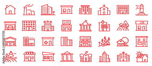 Building web icons in line style. Hotel, hospital, apartament, city, town house, mall, coffee, collection. Editable stroke. Vector illustration.