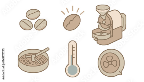 Coffee icon set with beans, grinder and thermometer illustration