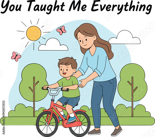 Mother teaching son to ride a red bicycle in a park, with trees, sun, and butterflies, depicting a heartwarming family moment and childhood learning vector illustration