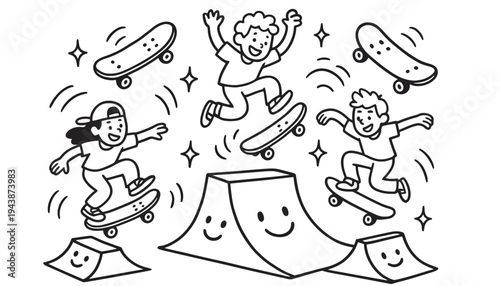 Skateboard vector illustration of happy kids performing tricks on ramps