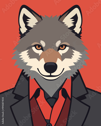 A wolf character wearing a black suit and red shirt stands in front of a bright orange background. The wolf looks confident and sharp.