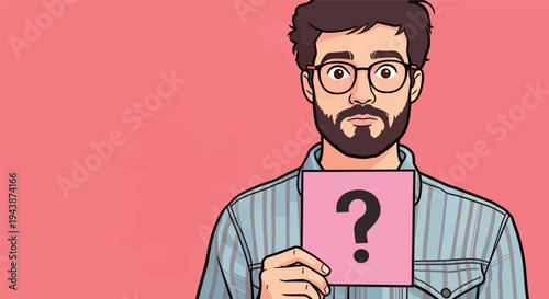 A man looks surprised while holding a pink sign with a question mark. He stands against a solid pink background.