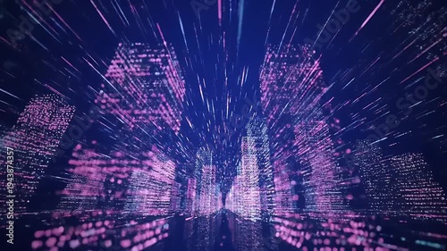 Abstract Cityscape Of Pink And Blue Light Trails On Dark Blue Background