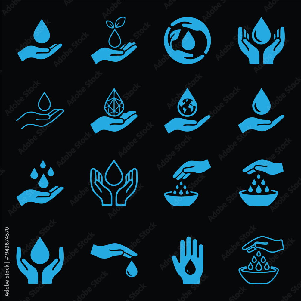 Fototapeta premium Set of 16 water conservation, environment, and ecology icons with hands.