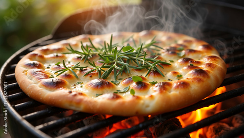 Hot flatbread cooking on an outdoor grill over open flames. Rustic focaccia topped with fresh rosemary and rising smoke