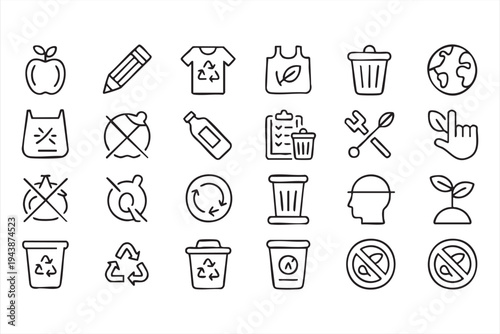 Environmental Sustainability Icon Set Featuring Recycling Bins Reusable Bags And Plastic Bottles