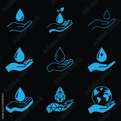 Set of water drop and environmental protection icons on black background