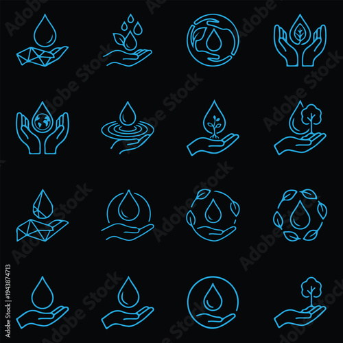 Set of 16 linear water conservation, ecology, and environmental sustainability icons