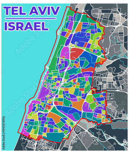 Detailed map showcasing the urban layout of Tel Aviv, a vibrant coastal city in Israel, located in the Middle East region of Asia, displays a network of streets