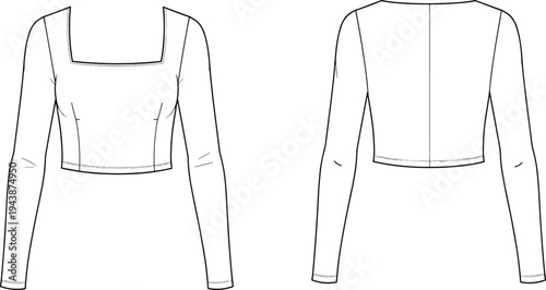 CAD drawing flat vector illustration, long sleeve crop top, technical fashion sketch, front and back view, apparel design template, clothing mockup