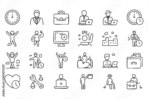 Business Efficiency And Time Management Icon Set Featuring Office Workers Laptops And Deadlines