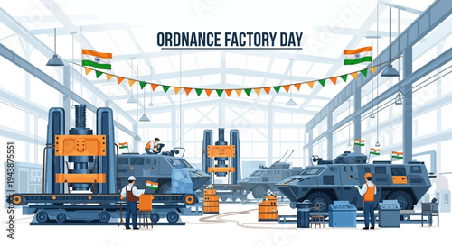 Illustration of an Indian ordnance factory interior on Ordnance Factory Day 2026 with workers and machinery, featuring Indian flag colors and a celebratory mood.