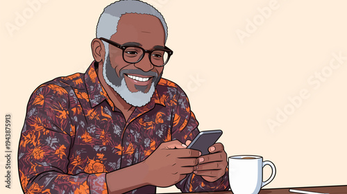 A man sits at a table smiling while looking at his smartphone. A cup of coffee is next to him, and he appears happy.