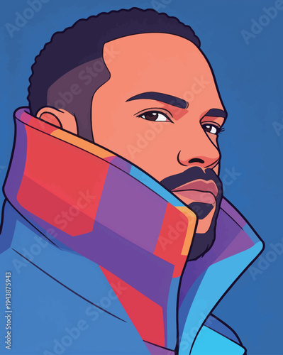 A man is posing with a colorful jacket collar turned up. He looks to the side with a serious expression. The background is blue.