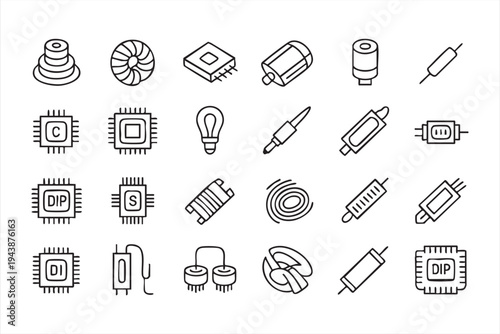 Electronic Components Outline Icons Featuring Microchips Resistors Capacitors And Circuit Elements