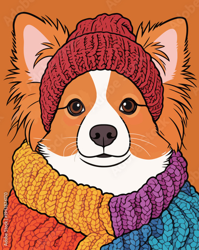 A corgi dog sits wearing a red knitted hat and a colorful scarf. The background is orange, highlighting the dog's features and outfit.