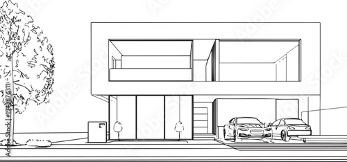 Modern house with two cars in driveway and tree architectural line contemporary home