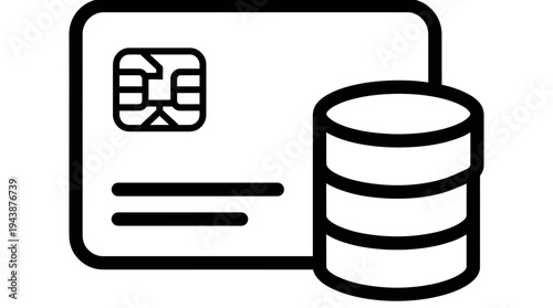 minimalist black line icon of a credit card with electronic chip and stacked coins symbolizing money storage, ideal for financial software, banking applications and digital payment branding