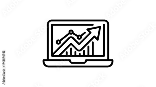 minimalist laptop icon showing rising financial growth chart with upward arrow and bar graph data points, ideal for business data analysis, marketing reports and investment presentations