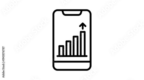 Minimalist black line icon of a smartphone displaying a rising bar chart with an arrow, ideal for financial growth tracking, mobile stock market analysis and business success presentation