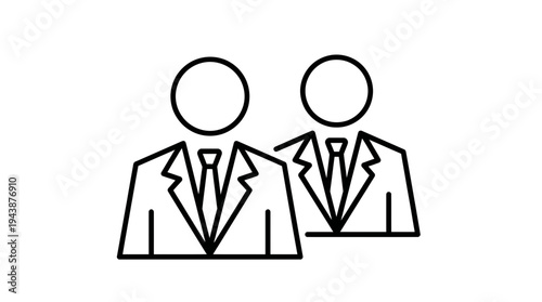 Minimalist black line icon of two professional executive managers wearing formal suits and ties on white background, ideal for corporate branding, recruitment ads and business presentations