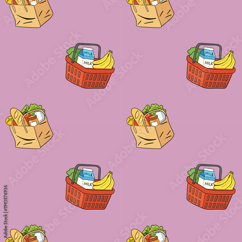 Seamless Pattern with Grocery Bags and Shopping Baskets
