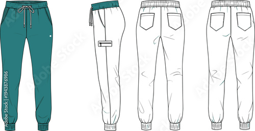 Jogger pants technical flat sketch, fashion cad drawing vector, front and back view, casual wear, detailed line art illustration