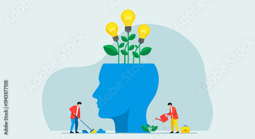 Creative Idea Generation and Brainstorming Vector Illustration with Human Head, Light Bulbs, and People Nurturing Growth