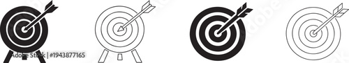 Target with arrow black silhouette and outline icon set for goal, focus and achievement.